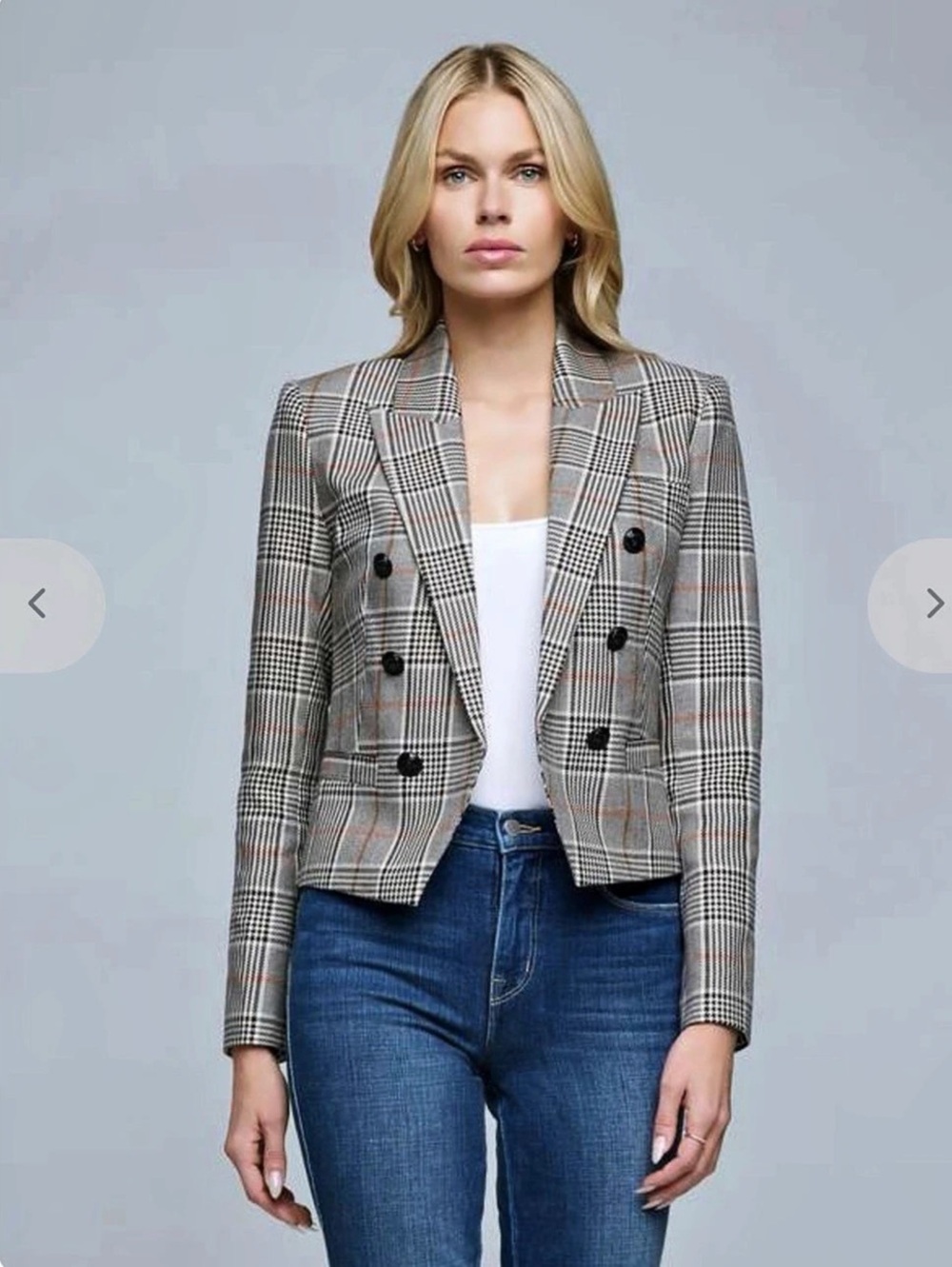 L'AGENCE Brooke Double Breasted Plaid Cotton Blazer Gray/Orange Size 2 Like New